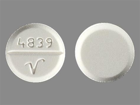 what is name of this small round white pill with 2355 on one side and v on the other what is name of this small round white pill with 2410 with v What is 4839 v pill? Percocet(generic).. 