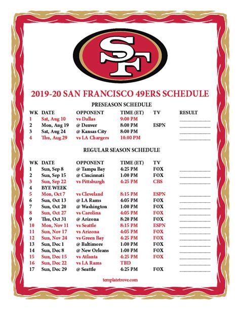 49er Schedule Printable