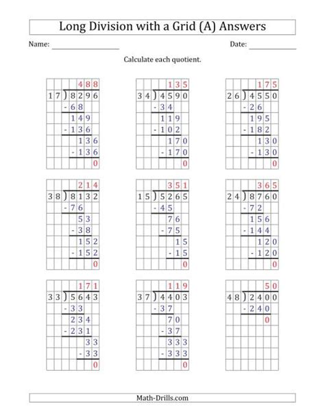 4Digit by 2Digit Long Division with Grid Assistance and NO Remainders (A)