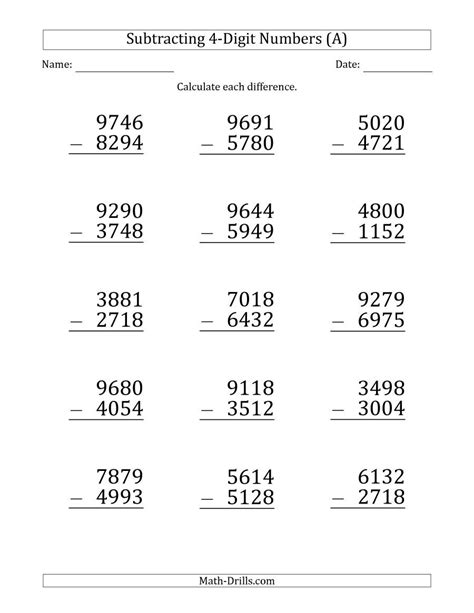 4th Grade Worksheets Subtraction Learning Printable
