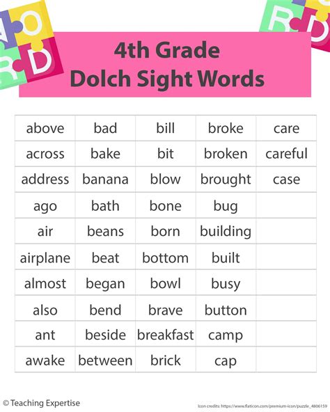 4th Grade Dolch Words   Dolch Word List Grade Free Download On Line - 4th Grade Dolch Words