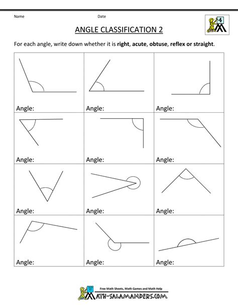 4th Grade Geometry Math Salamanders Idenitfying Angles Fourth Grade Worksheet - Idenitfying Angles Fourth Grade Worksheet