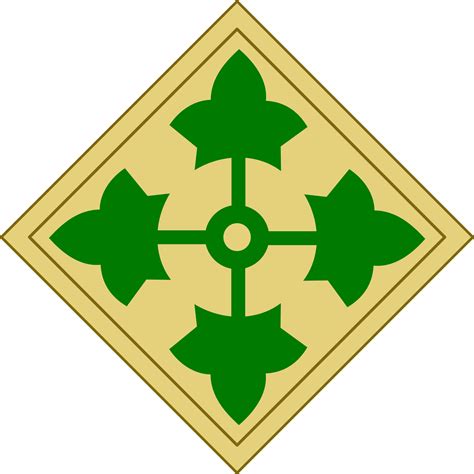 4th id. Description. Full-color, class A patch for the 4th Infantry Division. The patch is a diamond approximately 2" tall by 2" wide. The four leaves of the main design reference the unit's numerical designation. The leaves also form a visual pun as the word, "Ivy," sounds similar to "IV," the roman numerical representation for four. 