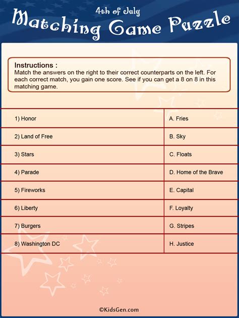 4th of July Colored Matching Game template