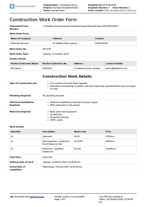 5+ Construction Work Order Templates Free Download!!
