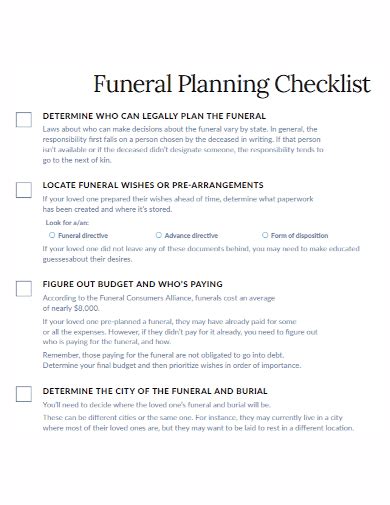 5+ Funeral Planning Checklist Sample SampleTemplatess SampleTemplatess
