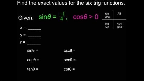 5 3 Finding Exact Trig Values Using X Y And R Youtube