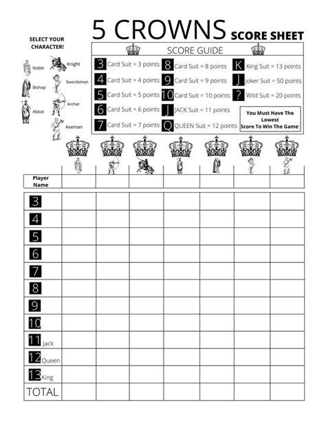 5 Crowns Score Card With Added Character Select Printable PDF File