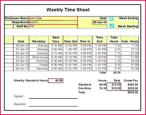 5 Excel Weekly Timesheet Template with formulas 03099 FabTemplatez