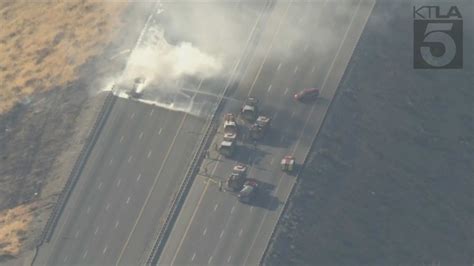 5 Freeway shut down after tanker truck catches fire near Castaic