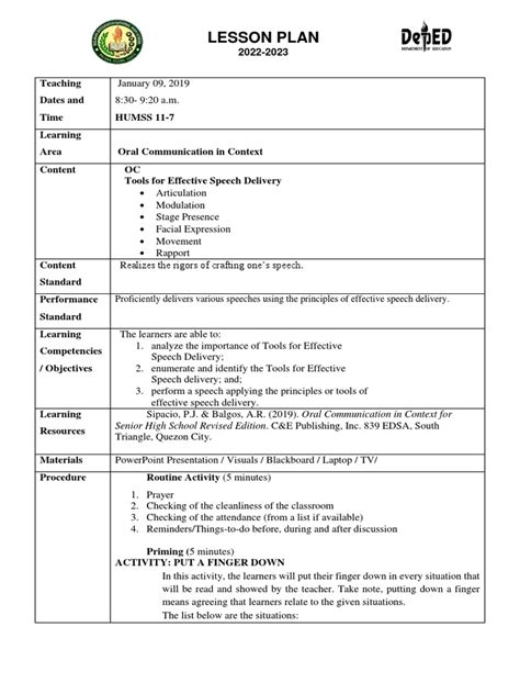 5 as semi detailed lesson plan.  Reyes I.  A Semi - Detailed Lesson Plan in...