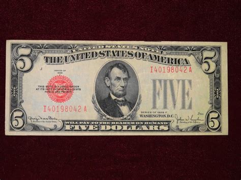 5 dollar bill 1928 value. Series of 1928B five dollar bills with a red seal and writing come in two different varieties. There are mule notes and non-mule notes. In circulated condition both types of 1928B five dollar bills are common. Value in Circulated Condition of 1928B $5 Red Seal: $7.50. Value in XF or Better Condition: $12+ Number of Notes Printed: 147,827,340 