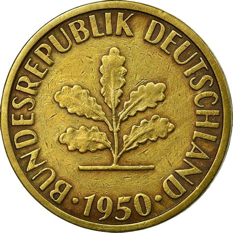 As with many coin series, the 1950 10 pfennig has a few notable varieties and mint errors that can substantially boost a coin‘s numismatic value: 1950-D "Bare Oak Branch": A scarce variant missing the characteristic veins in the oak leaf design. Extremely fine or better examples can realize $100-200. 1950-G "Doubled 0": The second "0" in "10 .... 