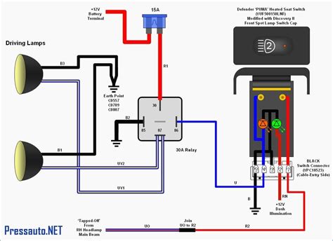 5 pin relay wiring diagram driving lights. The diagram explains the connections needed to operate a single set of driving lights. When looking at the diagram, the connection begins and ends with the vehicle's battery. Connected between the battery and the switch is the relay itself. This component serves as the brain behind the operation, handling the load and voltage flowing through ... 