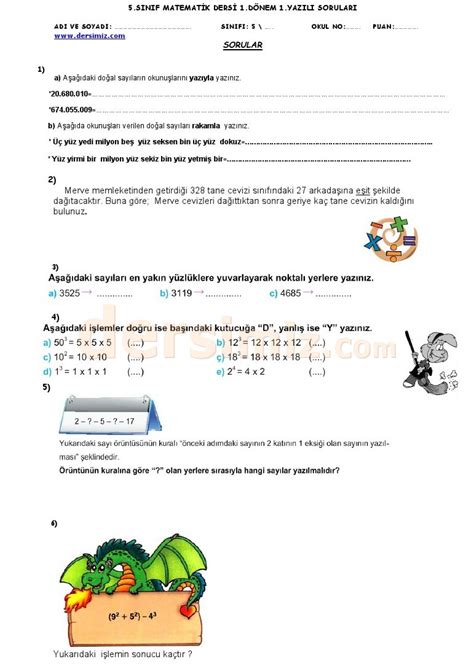 5 sınıf matematik yazılı 1 dönem