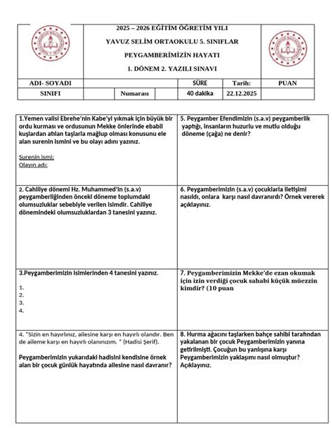 5 Sınıf 2 Dönem 1 Yazılı Sos