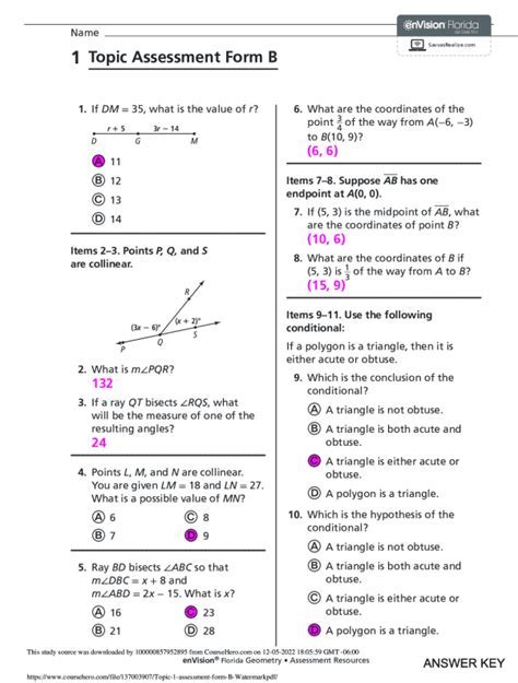 5 topic assessment form b envision geometry answer key.  Sample: Find the eq...