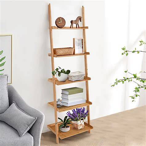 5-Tier Ladder Shelf Bamboo Bookshelf Wall-Leaning Storage Display Plant ... - raincitystudios.com