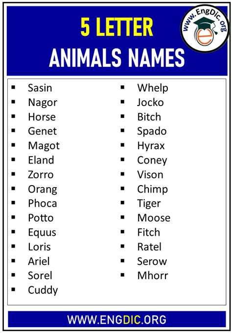 5-letter mammals. We have listed 48 5-letter animals for you in this WordMom word list. All these 5-letter animals were validated using recognized data sources. Read more. CITE / SHARE. akita. bison. booby. bongo. camel. crane. coral. coati. dingo. dhole. eagle. fossa. guppy. gecko. goose. heron. hyena. horse. human. indri. koala. lemur. llama. liger. macaw. molly. 
