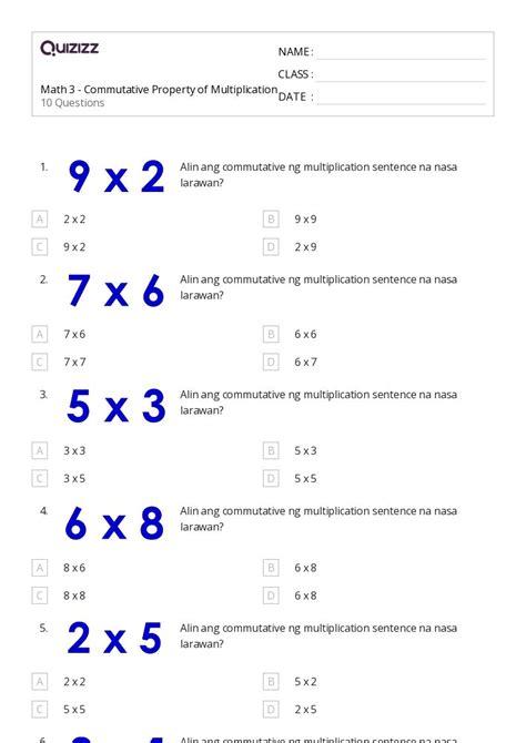 50  Commutative Property of Multiplication worksheets for 3rd
