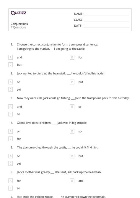 50  Conjunctions worksheets for 2nd Class on Quizizz Free Printable