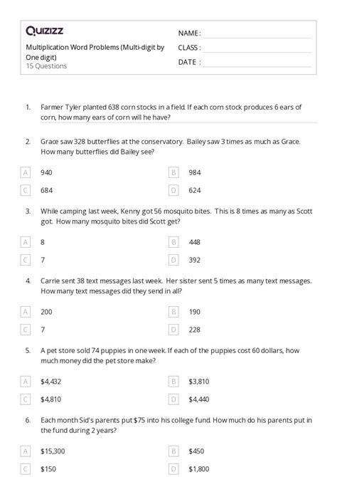 50+ MultiDigit Multiplication Word Problems worksheets on Quizizz
