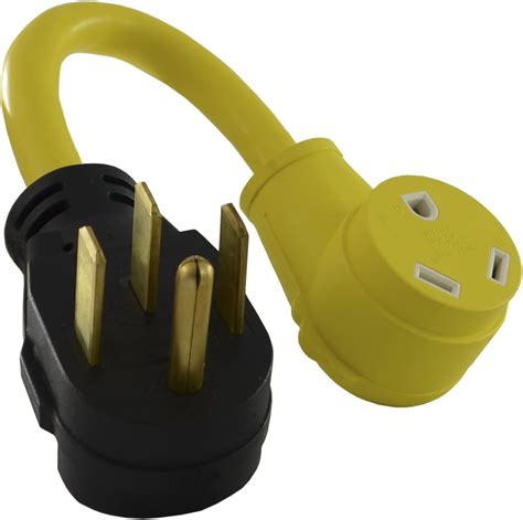 50 30 amp adapter. This AC WORKS RV/generator adapter is very durable with a compact design. This yellow adapter is a NEMA L14-30P to a NEMA 14-50R. The NEMA L14-30P is a 30 Amp, 125/250 Volt, 4-prong locking male plug. The NEMA 14-50R is a 50 Amp, 125/250 Volt 4-prong female connector. The pins and terminals are nickel-plated to prevent rusting. 