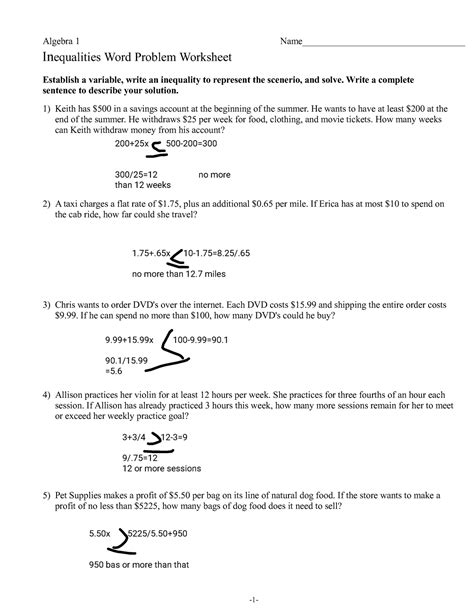 50 Inequality Word Problems Worksheet