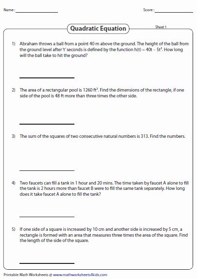 50 Quadratic Word Problems Worksheet Chessmuseum Template Library