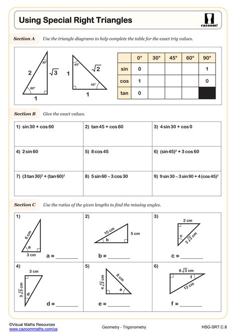 50 Special Right Triangles Practice Worksheet