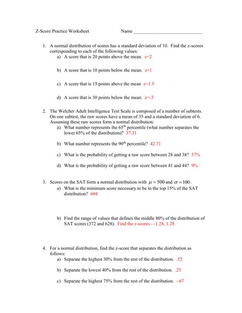 50 Z Score Practice Worksheet