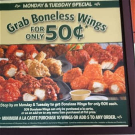 Jul 25, 2023 · The deal started on July 22 and means you can get as many of their Boneless Wings as you want for just 75 cents each. There’s technically no limit on how many you can order, but you have to get .... 