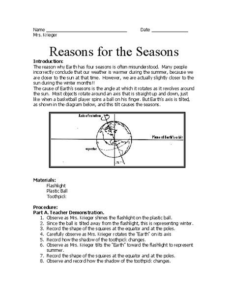 50 Reasons For Seasons Worksheet Reason For The Seasons Worksheet - Reason For The Seasons Worksheet