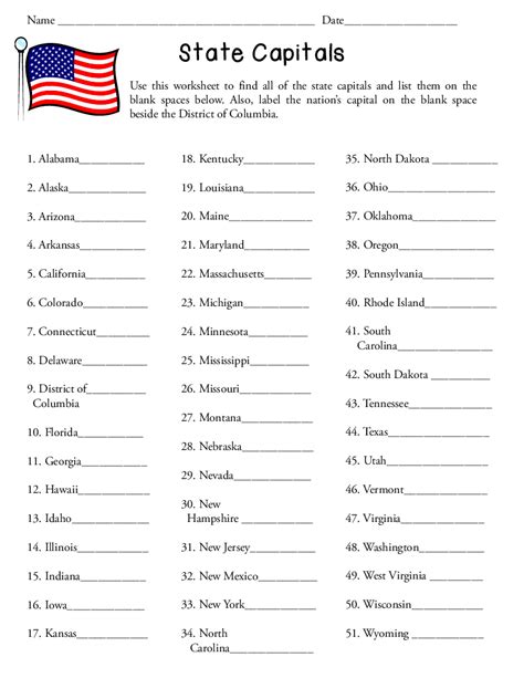 50 States Worksheets States And Capitals Of U States And Capitals Worksheet Printable - States And Capitals Worksheet Printable