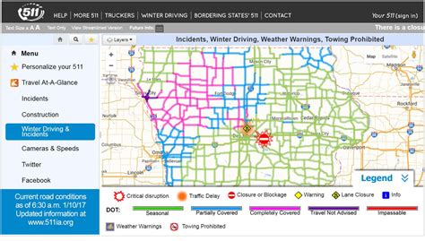 "511" service provides information to travelers on weather-related road conditions, construction, and congestion. Via web (requires JavaScript) or phone.. 