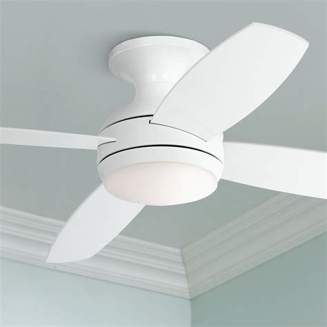 Control the 3 speed settings and light output of your fan with easy-to-use handheld remote control that is included. Low profile design to be mounted flush with the ceiling where more walk-through space is. Frosted glass houses fully-integrated dimmable LED board. White ceiling fan from the Sailstream collection features 3 white blades.