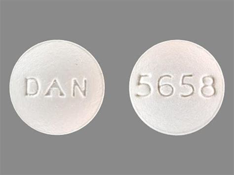 This white round pill with imprint DAN 5658 on it has been identified as: Cyclobenzaprine 10 mg. This medicine is known as cyclobenzaprine. It is available as a prescription only medicine and is commonly used for Chronic Myofascial Pain, Fibromyalgia, Migraine, Muscle Spasm, Sciatica, Temporomandibular Joint Disorder, Back Pain, Pain. 1 / 7.. 