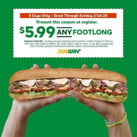 599 footlong code subway. The Subway app currently shows a deal for 50 % off a footlong sandwich when you buy one at full price. ... Business that 90% of franchisees accept digital coupons. The new app policy comes as ... 