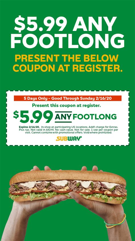 599 footlong subway code. Get any Footlong for 50% off when you buy one in-app or online using code BOGO50 from 4/11-4/30. Terms & Conditions Apply. Order Now. Refuel & refresh with our NEW Wraps. Try our NEW Homestyle Chicken Salad, Honey Mustard Chicken, Cali Caprese, and Turkey, Bacon & Avocado Wraps today. Order Now. 