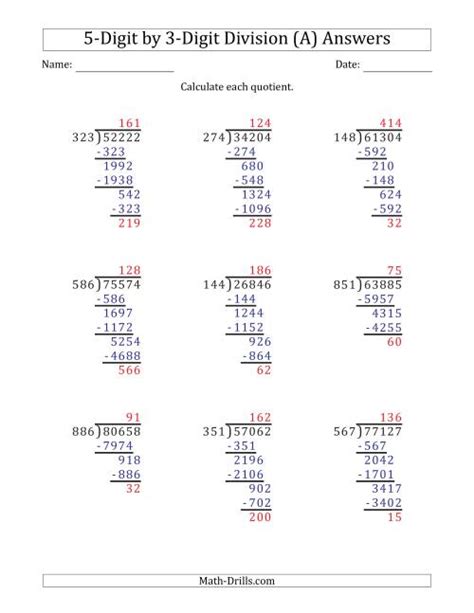 5Digit by 3Digit Long Division with Remainders and Steps Shown on