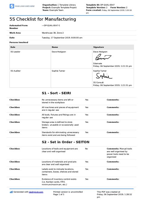 5S Checklist for Manufacturing