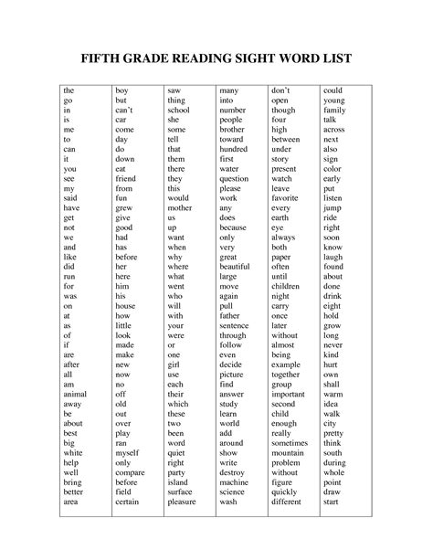 5Th Grade Dolch Word List