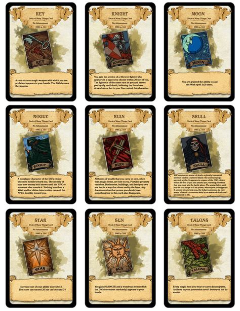 5e deck of many things. From Dungeon Master's Guide, page 162. Found on Magic Item Table I. Wondrous item, legendary. Usually found in a box or pouch, this deck contains a number of cards made … 