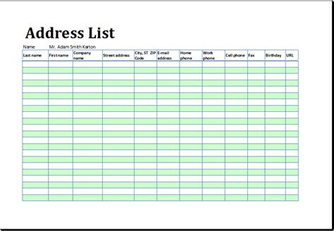 6 Address List Template SampleTemplatess SampleTemplatess
