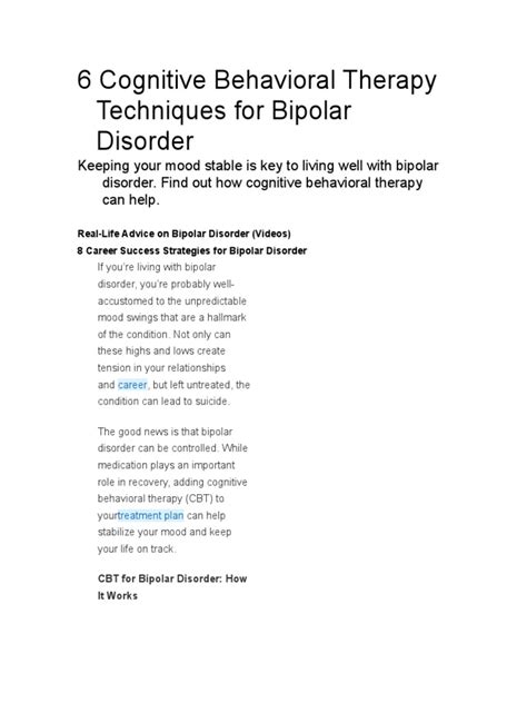 6 Cognitive Behavioral Therapy Techniques For Bipolar Disorder PDF