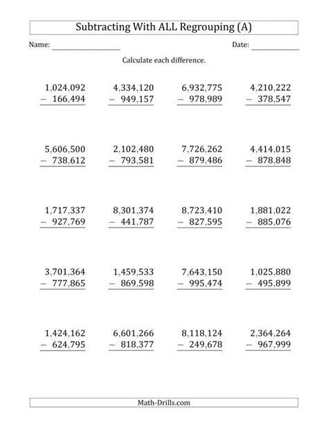 6 Digit Subtraction Worksheet Printable PDF Template