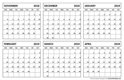 6 Month Calendar Printable