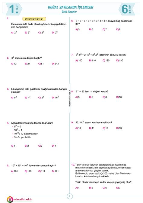 6 sınıf üslü sayılar test soruları ve cevapları