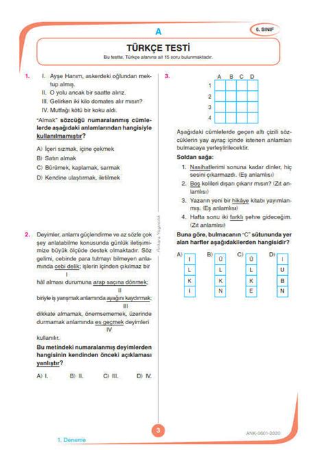 6 sınıf genel deneme sınavı pdf