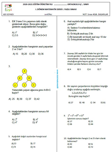 6 sınıf matematik 1 dönem 2 yazılı soruları pdf